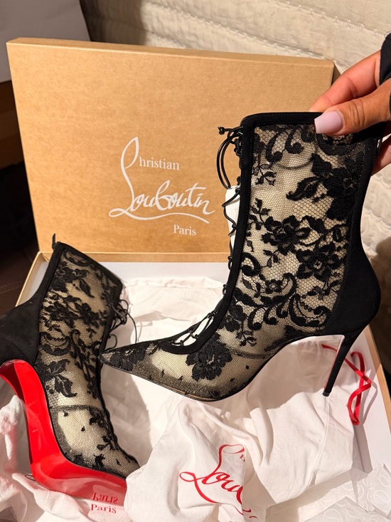 Christian Louboutin Shoes - Christian Louboutin Black Lace Pointed Lace-Up Ankle Boots with Red Sole